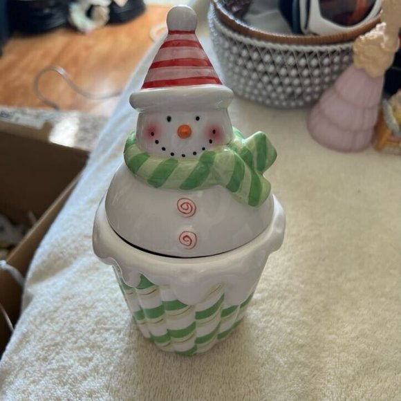 Holiday Christmas Snowman Candy Jar Ceramic Cone Hat 8" - Picture 2 of 7